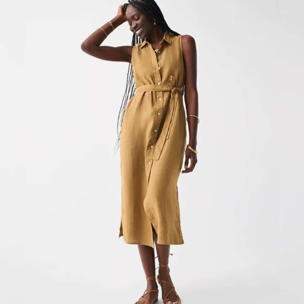 Faherty LAGUNA Linen Midi Sleeveless Shirtdress Dull Gold Size S